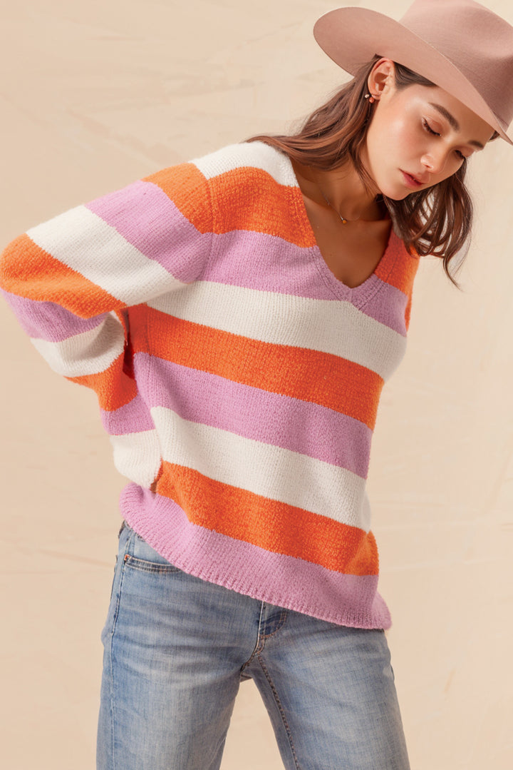Orange Casual Stripe V Neck Side Slit Sweater