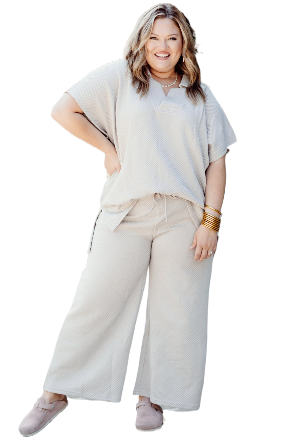 Beige Textured Collared Top and Drawstring Pants Set