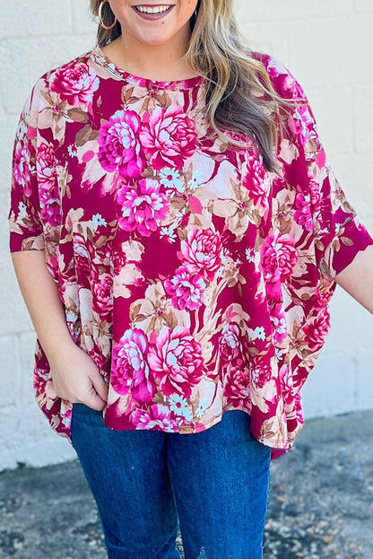 Red Floral Print Half Sleeve Blouse