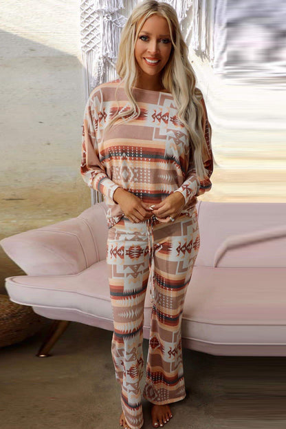 Multicolour Geometric Print Puff Sleeve Pullover and Pants Lounge Outfit