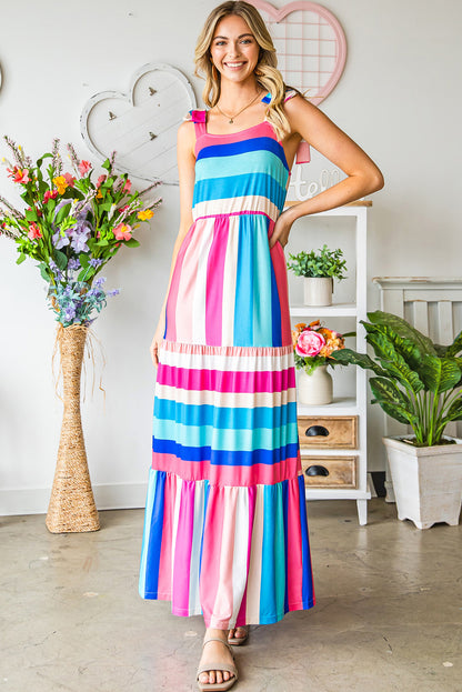 Multicolor Striped Print Bow Knot Straps Sleeveless Maxi Dress