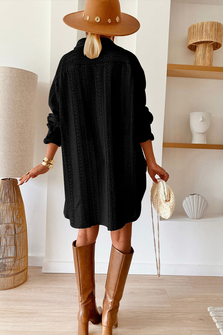 Black Lace Crochet Collared Button Up Oversized Shirt