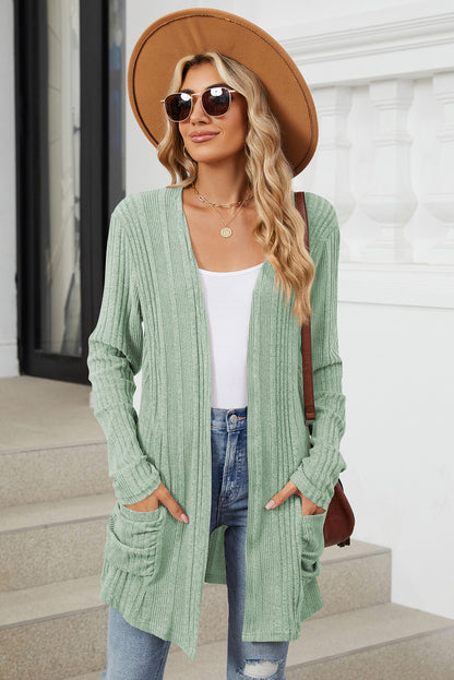 Smoke Green Knit Pocket Open Front Cardigan