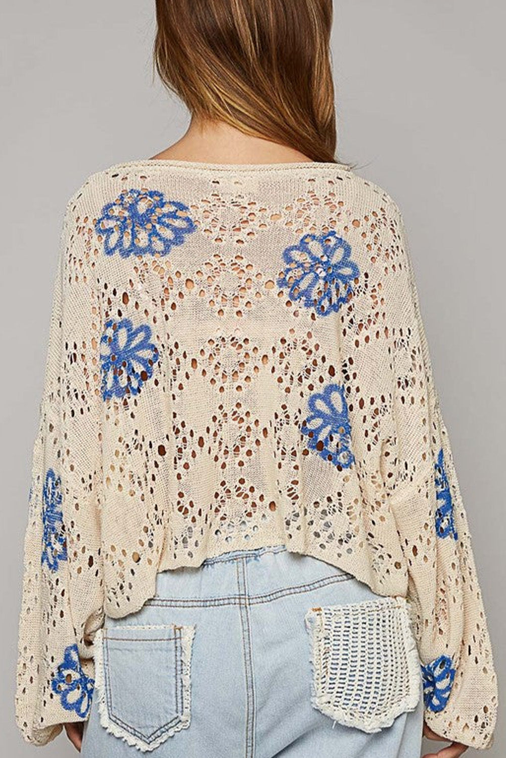 Beige Flower Print Drop Shoulder Hollow Knit Sweater