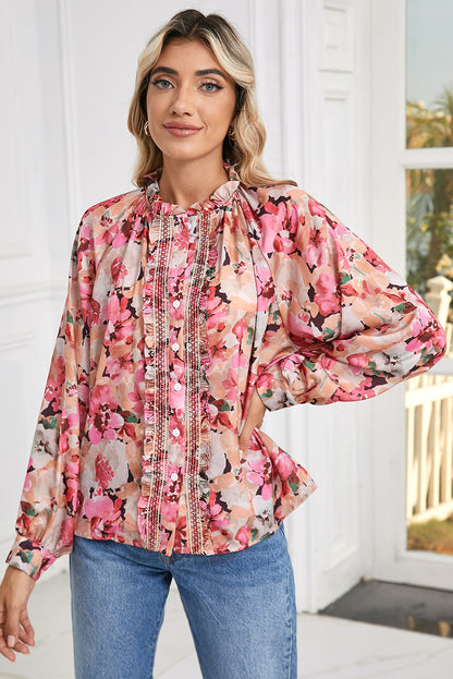 Red Floral Print Frill Stitch Buttoned Loose Fit Shirt