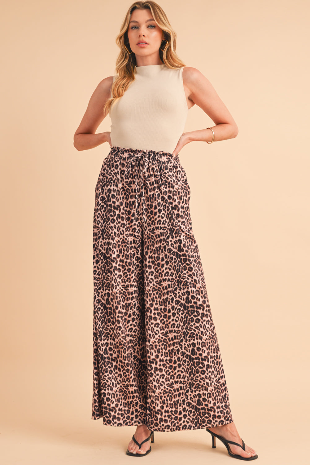 Beige Boho Leopard Print Wide Leg Pants