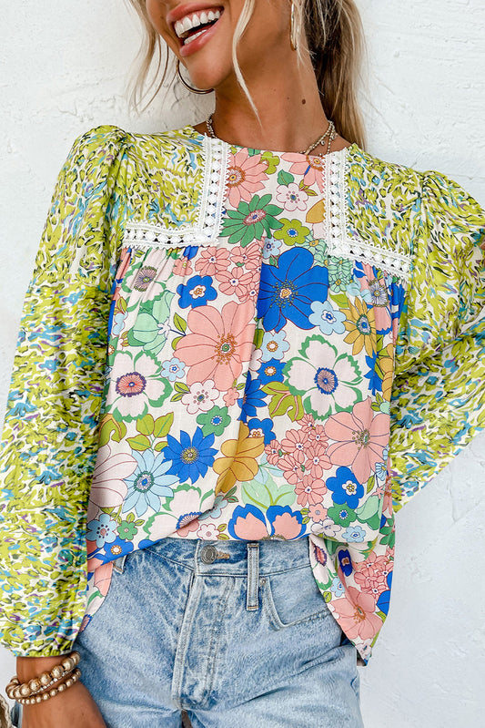 Green Bubble Sleeve Lace Detail Mixed Floral Blouse