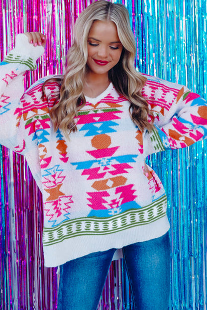 White Oversized Geometric Print High Low V Neck Sweater