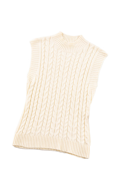 Oatmeal Ribbed Trim High Neck Cable Knit Sweater Vest