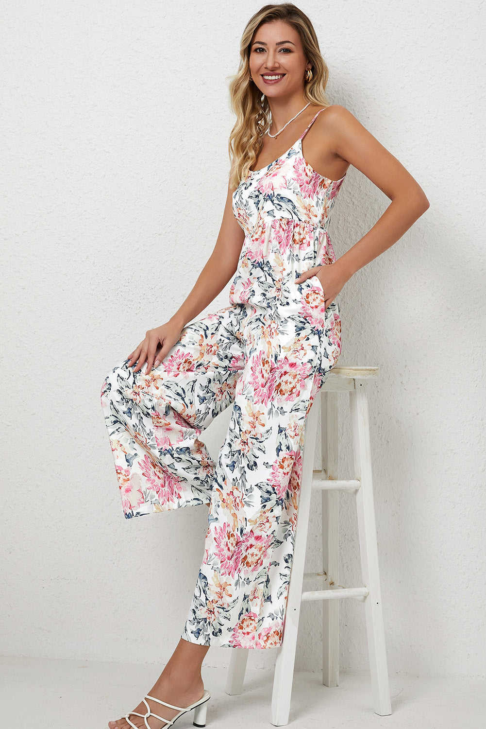 Orange Floral Spaghetti Straps Wide Leg Jumpsuit