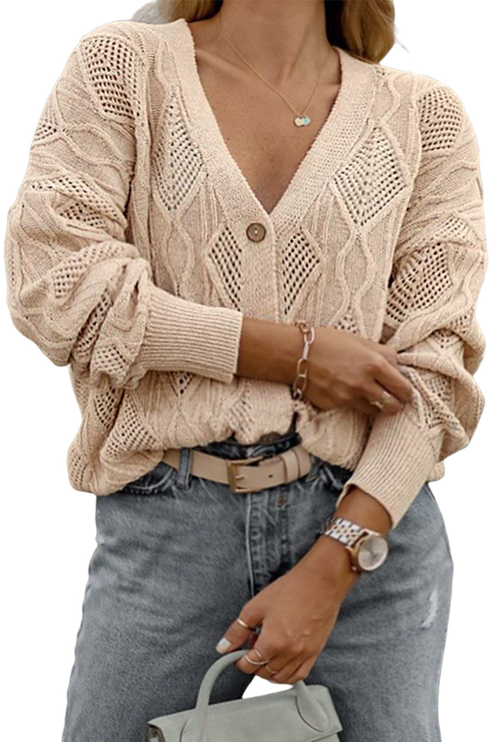 Apricot Knitted Hollow out Button up Plus Size Cardigan