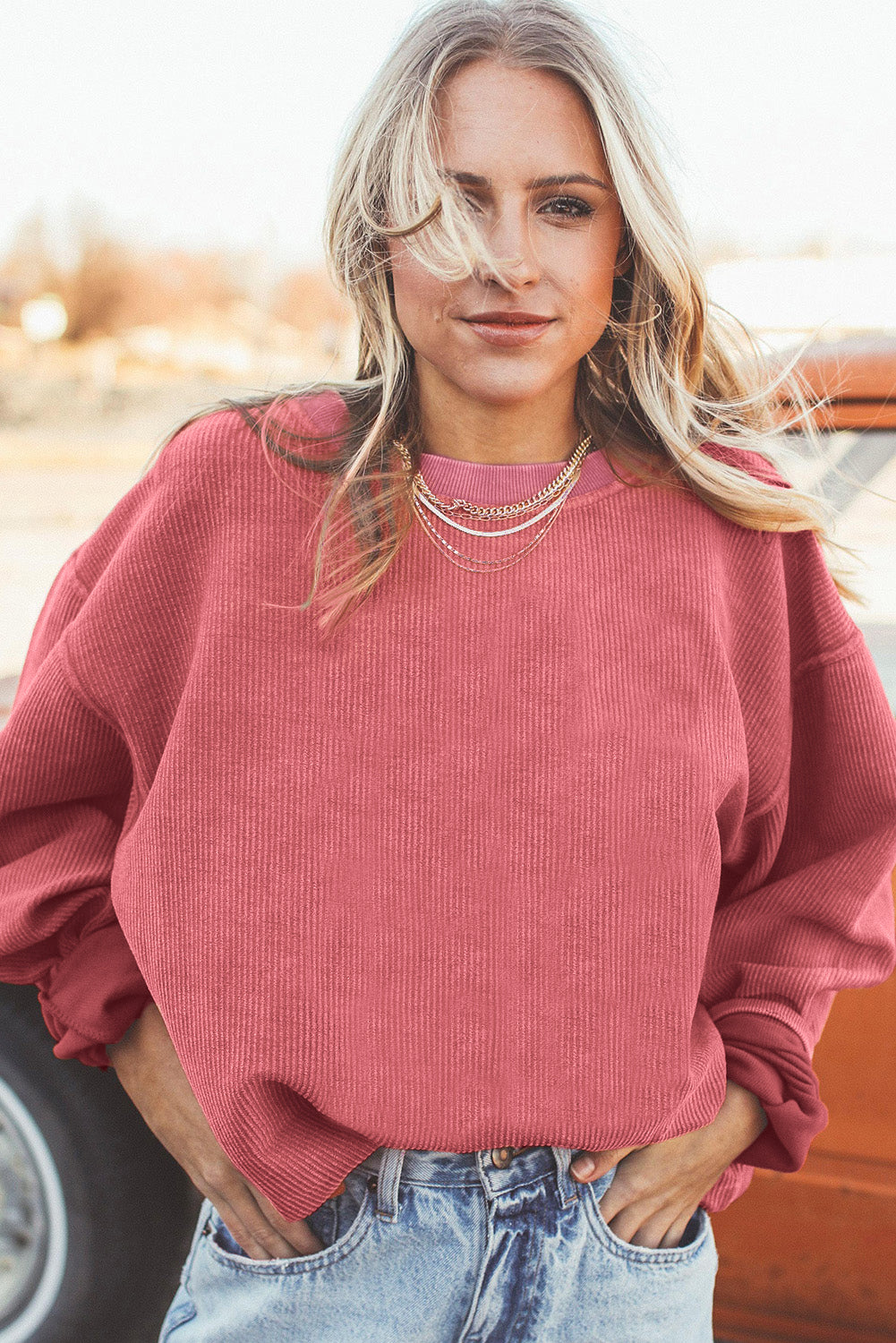 Apricot Drop Shoulder Ribbed Oversized Sweatshirt