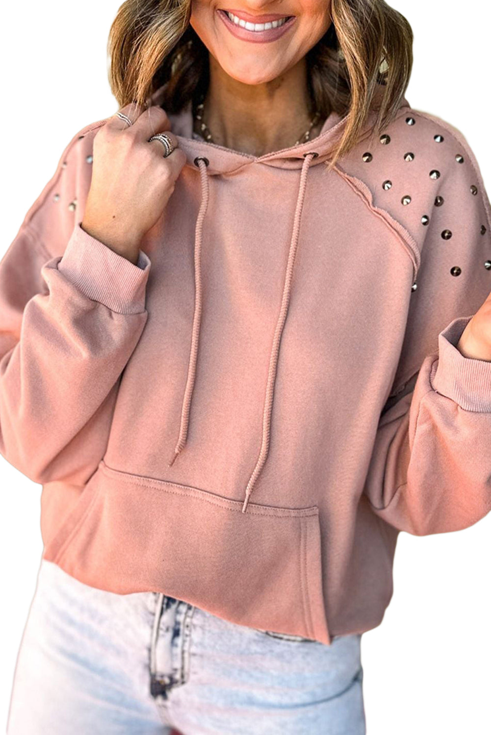 Fushia Stud Detail Kangaroo Pocket Hoodie