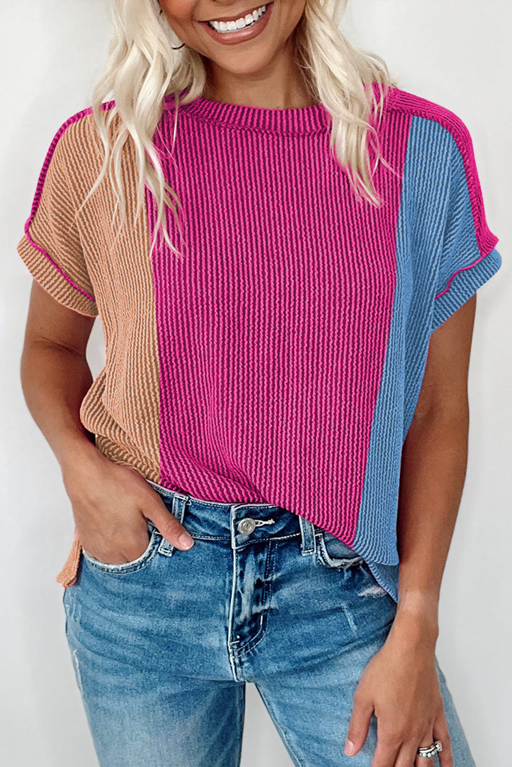 Apricot Pink Colorblock Ribbed Round Neck T Shirt