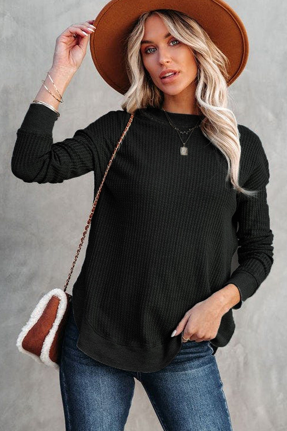 Apricot Crew Neck Ribbed Trim Waffle Knit Long Sleeve Top