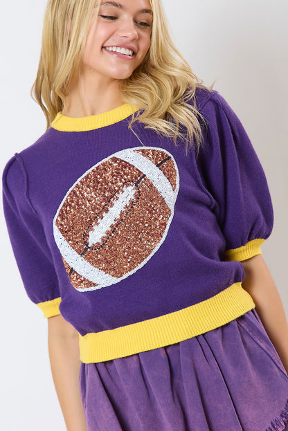 Sequin Rugby Color Block Puff Sleeve Knit Top