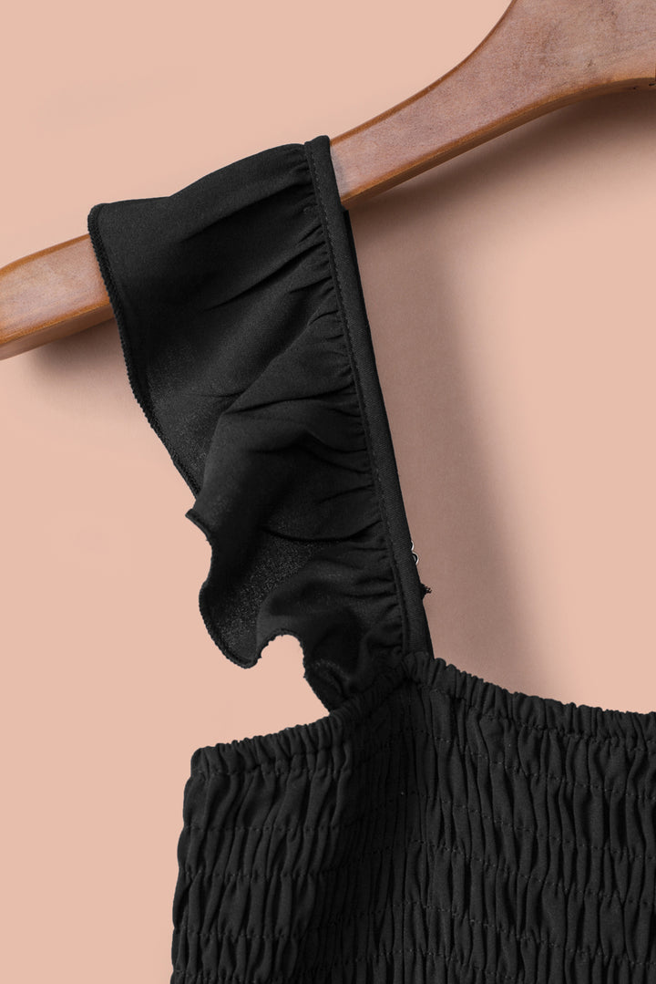 Black Smocked Ruffle Strap Pocket Wide Leg Jumpsuit