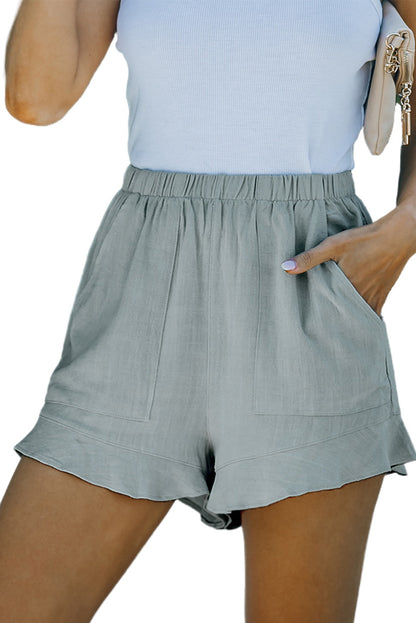 Khaki Casual Pocketed Ruffle High Waist Shorts