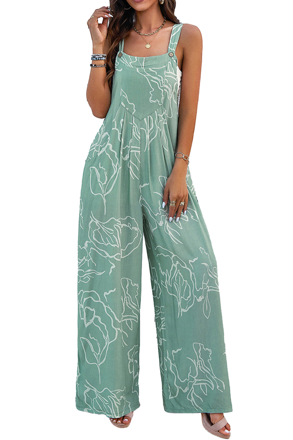 Moonlight Jade Abstract Print Wide Leg Bib Overall