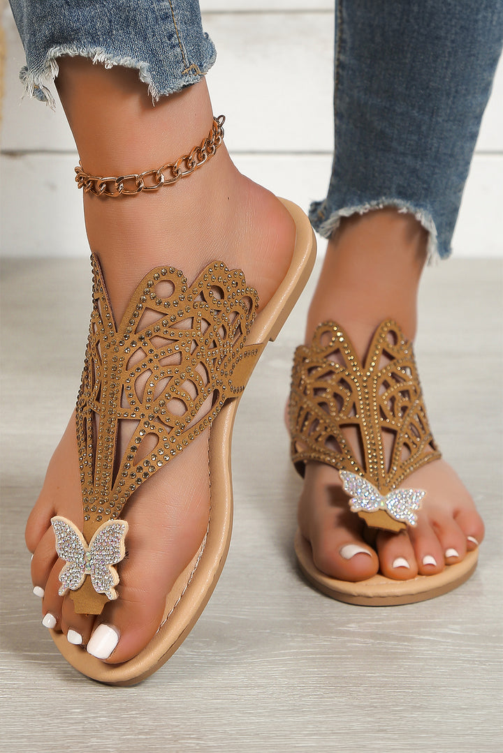 Brown Hollow Out Diamond Butterfly Thong Slippers