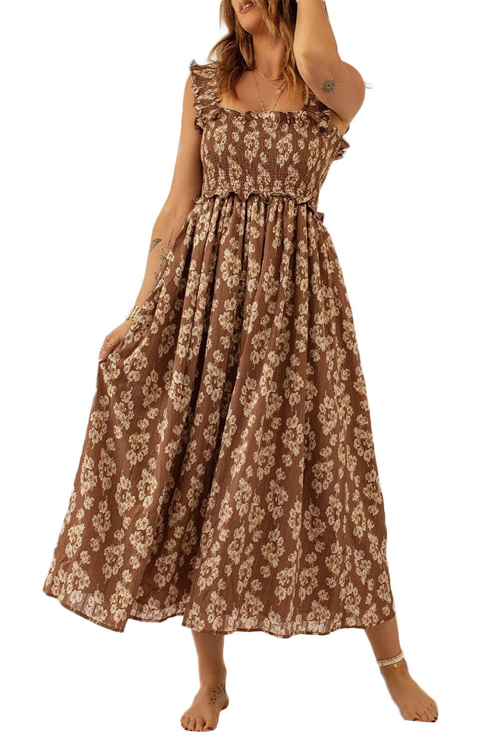 Brown Floral Print Casual Ruffle Straps Smocked Midi Dress