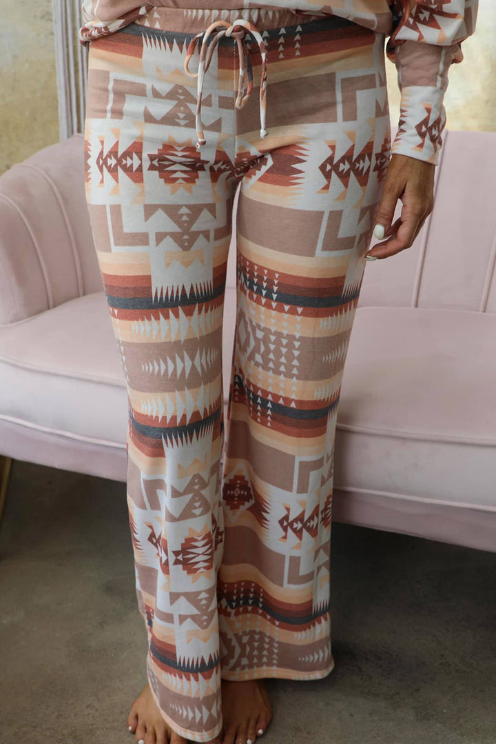 Multicolour Geometric Print Puff Sleeve Pullover and Pants Lounge Outfit