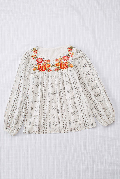 Beige Bohemian Floral Embroidered Printed Buttons Front Blouse