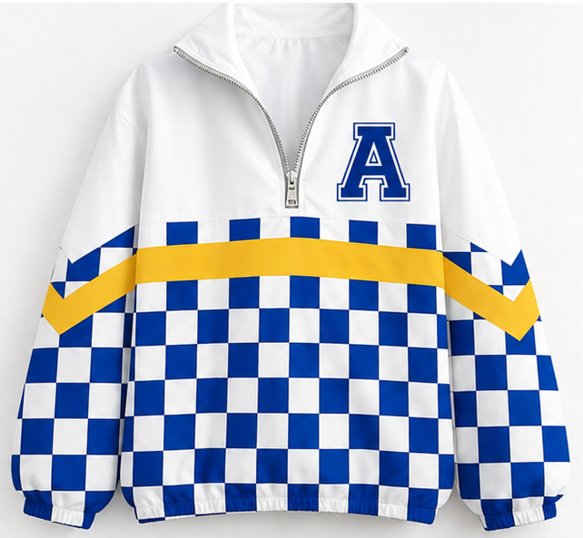 Blue and white checkered varsity quarter-zip pullover with gold stripe and varsity A patch