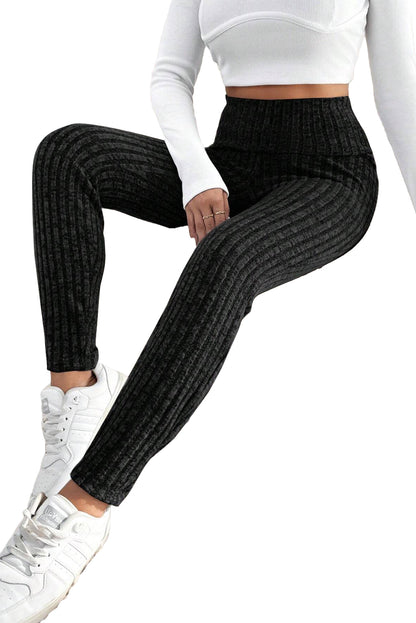 Gray Wide Waistband Ribbed Textured Knit Leggings