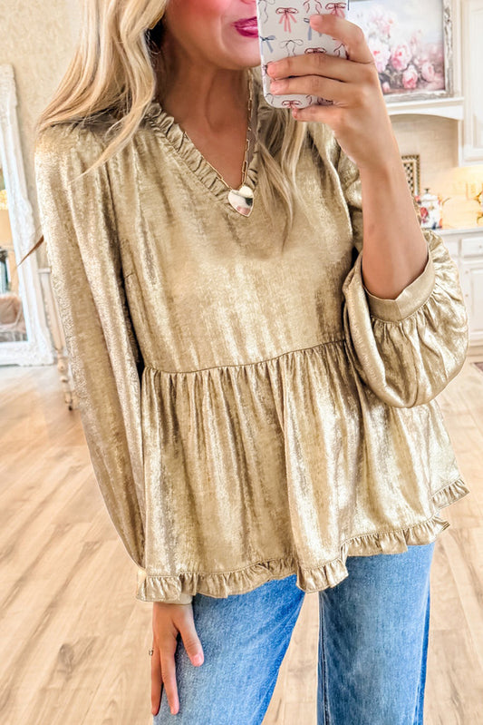 Gold Metallic Frill V Neck Puff Sleeve Babydoll Blouse