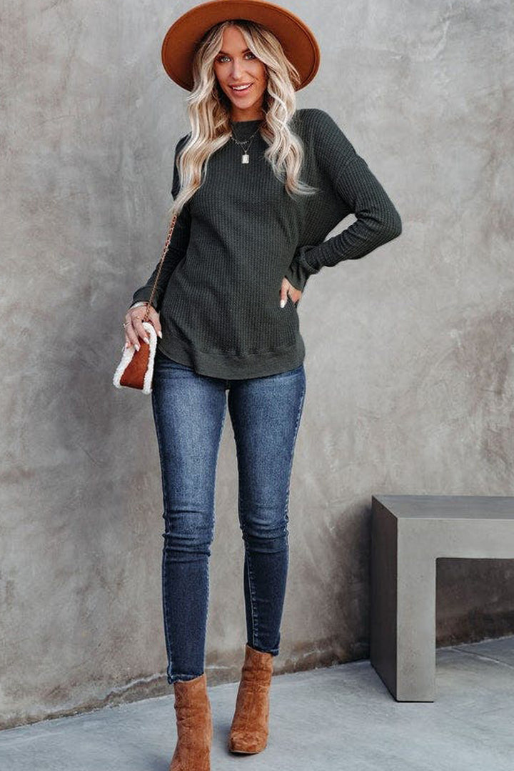 Apricot Crew Neck Ribbed Trim Waffle Knit Long Sleeve Top