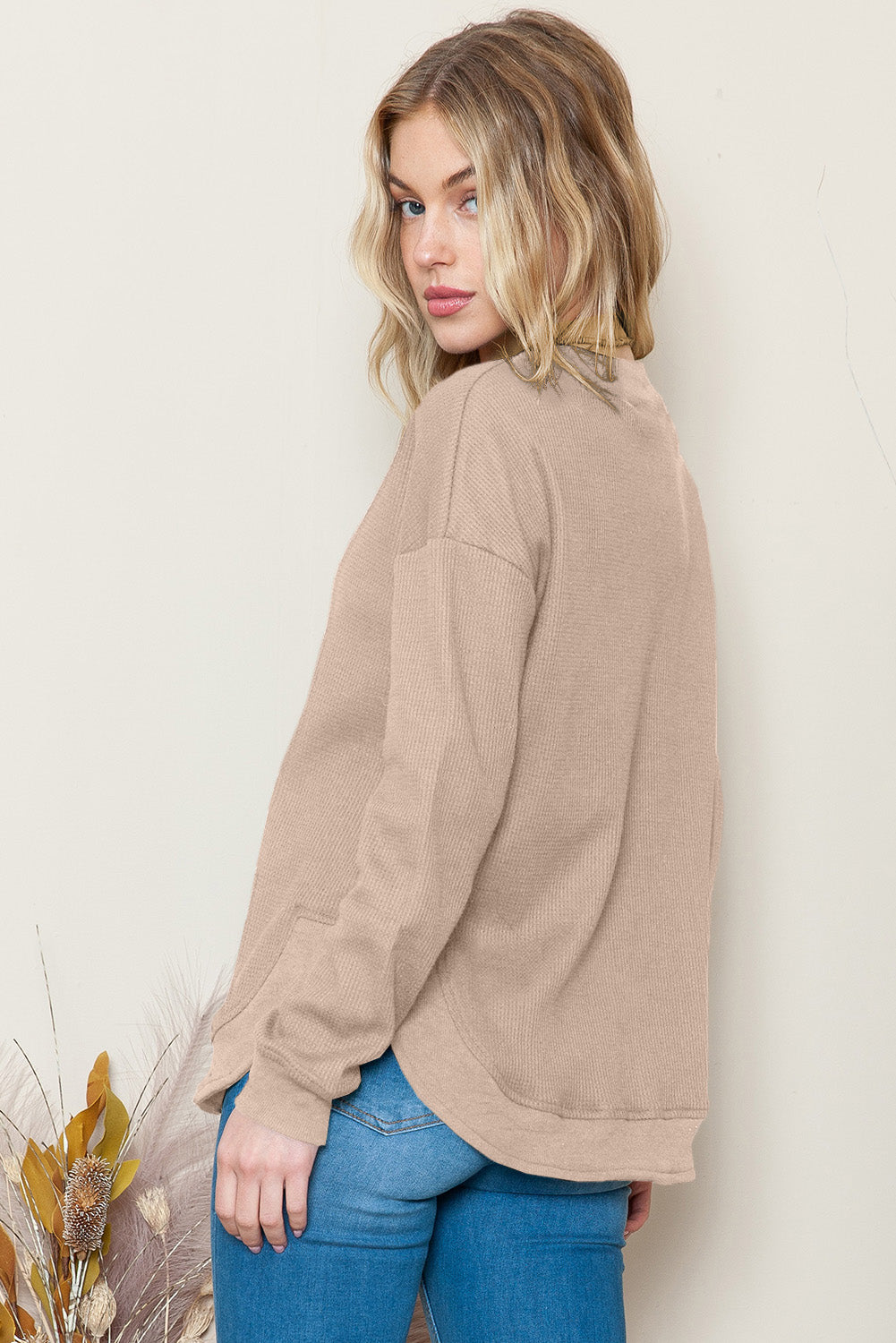 Apricot Crew Neck Ribbed Trim Waffle Knit Long Sleeve Top