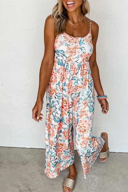 Orange Floral Spaghetti Straps Wide Leg Jumpsuit