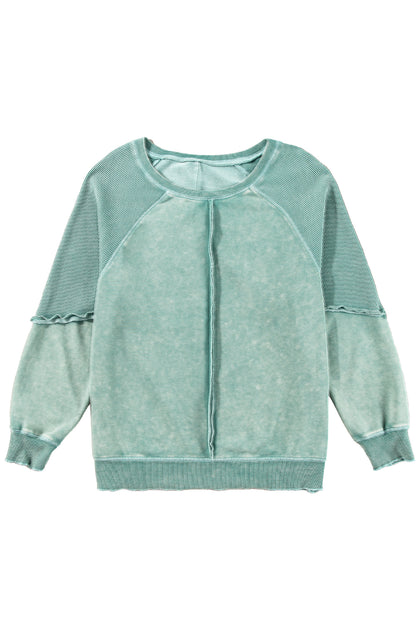 Mineral Blue Waffle Patchwork Raglan Sleeve Exposed Seam Sweatshirt