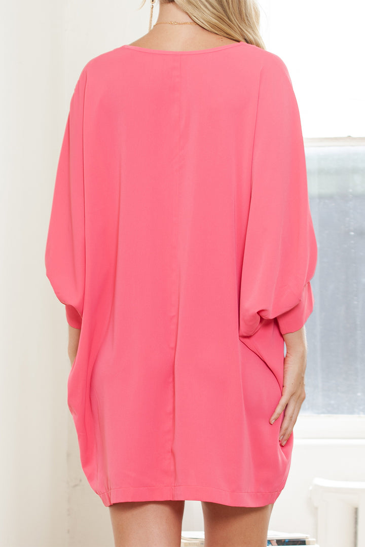 Strawberry Pink Solid Color V Neck 3/4 Sleeve Dress