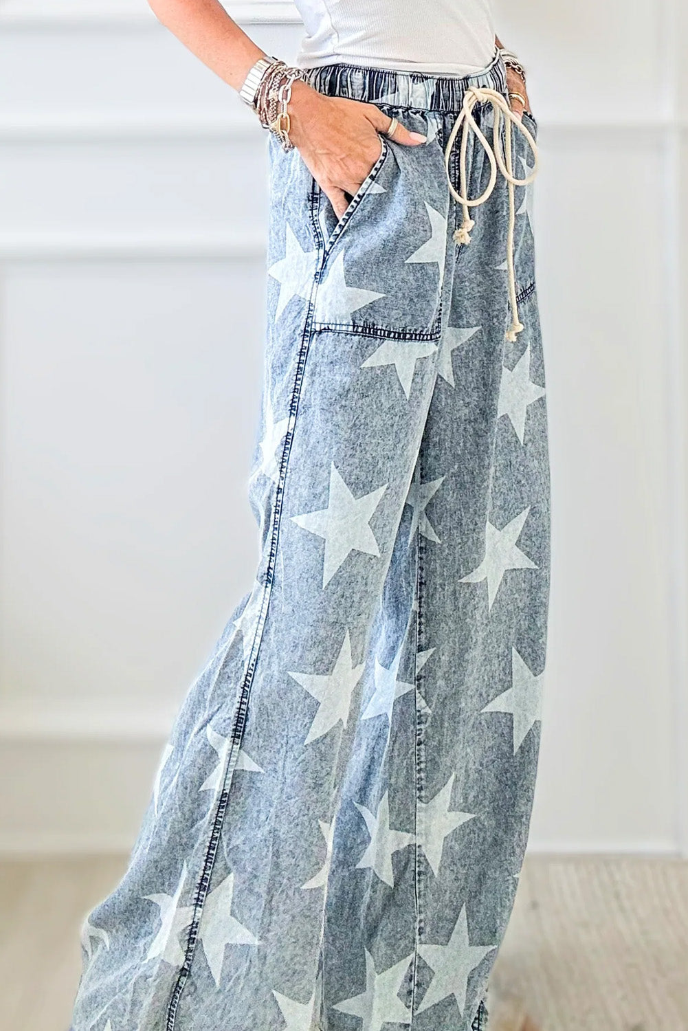 Light Blue Star Print Light Wash Drawstring High Waist Wide Leg Jeans