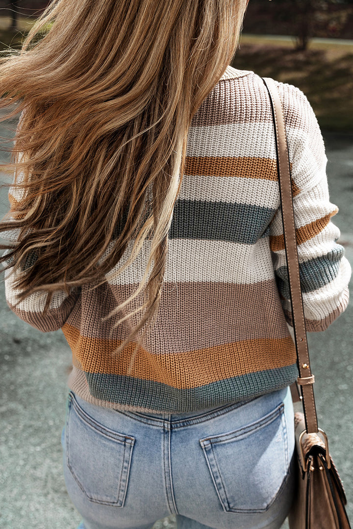 Camel Ribbed Round Neck Color Block Knitted Sweater