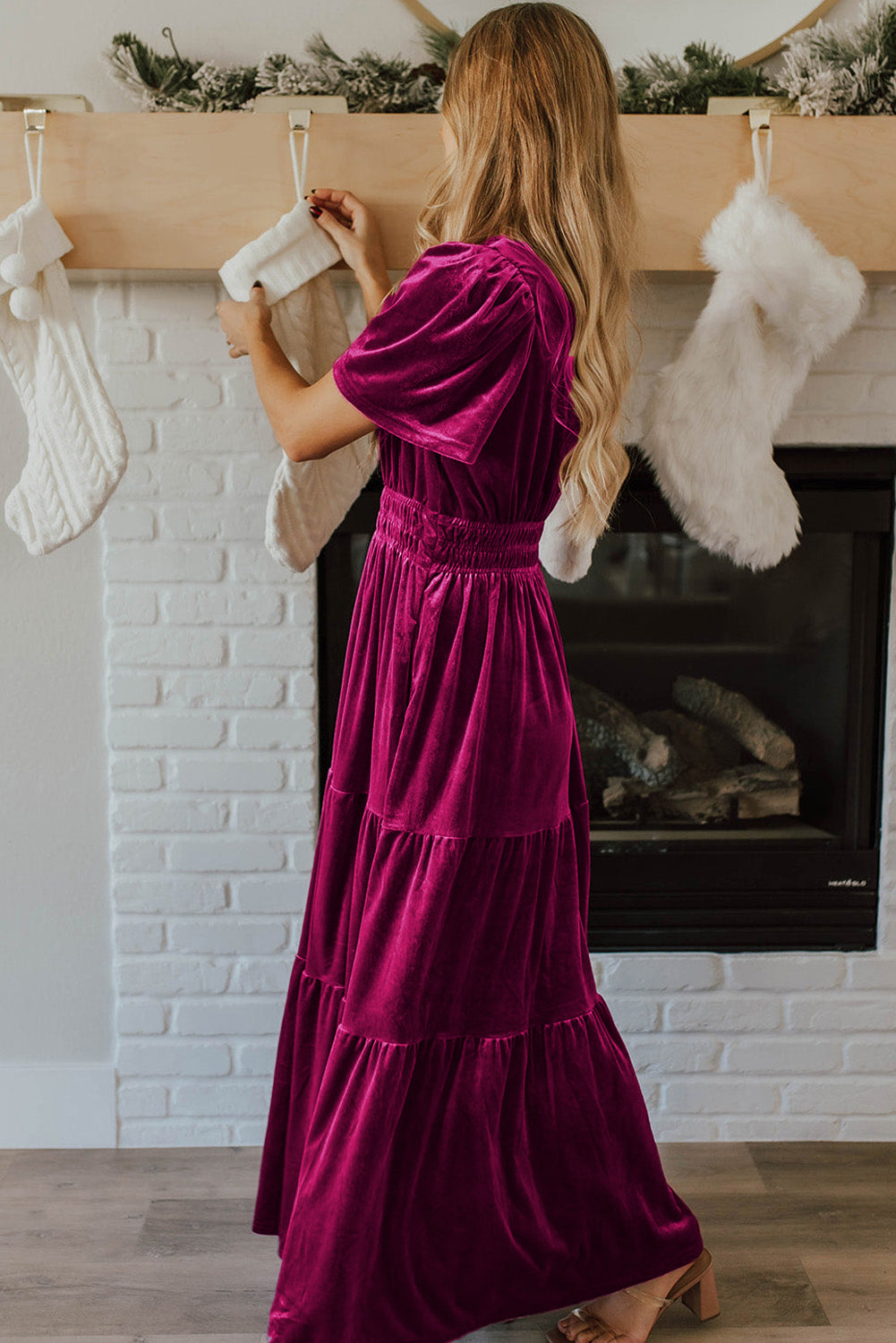 Chestnut Elegant Velvet Shirred Waist Tiered Maxi Dress