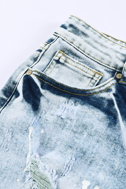 Light Blue Distressed Raw Hem Casual Bleached Denim Shorts