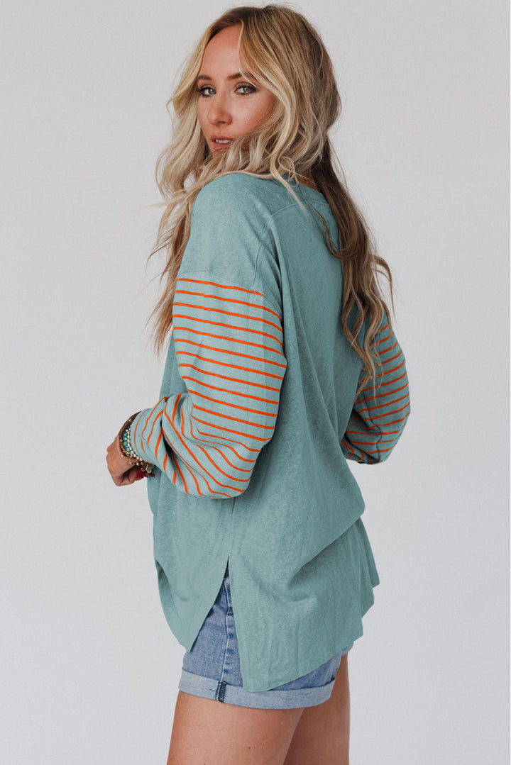 Green Striped Long Sleeve Colorblock Top