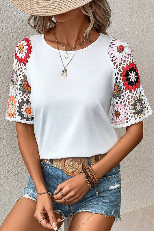 White Floral Hollowed Crochet Sleeve Boho Blouse