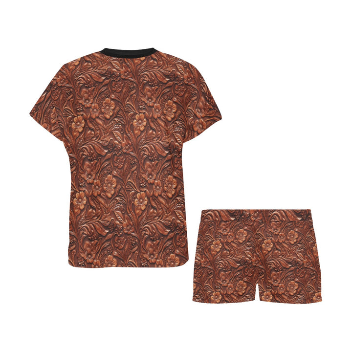 Leather Floral Print Women's Western Top and Shorts Pajama Set