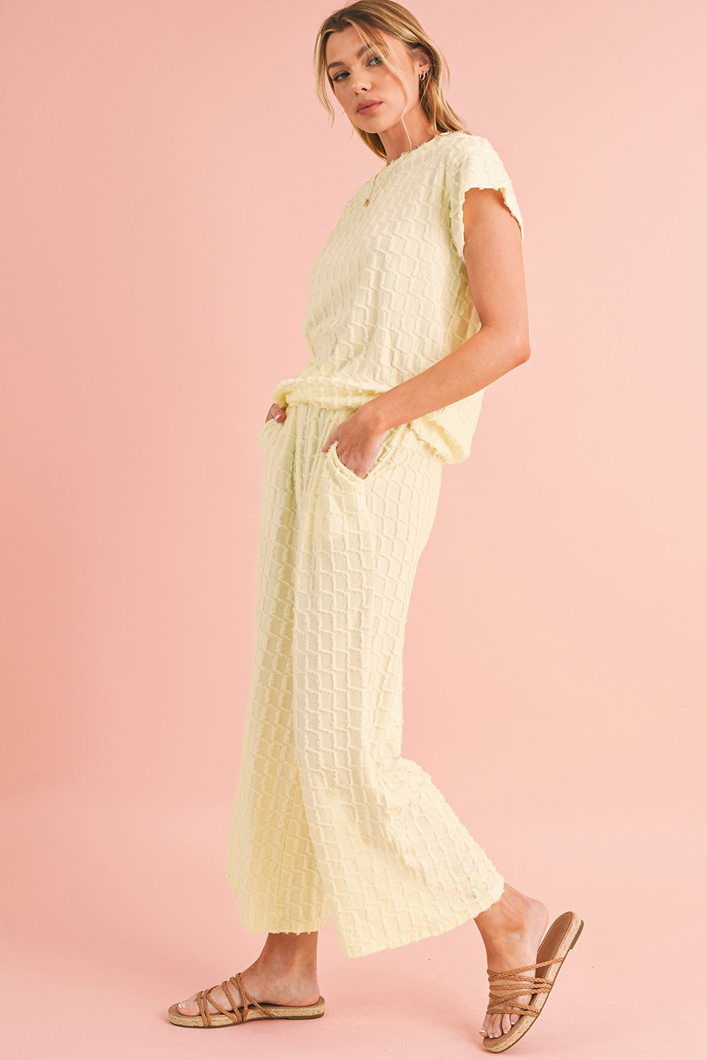 Apricot Lattice Textured Tee and Wide Leg Pants Two-Piece Set