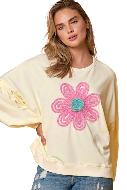 Beige Cute Tinsel Flower Puff Sleeve Sweatshirt