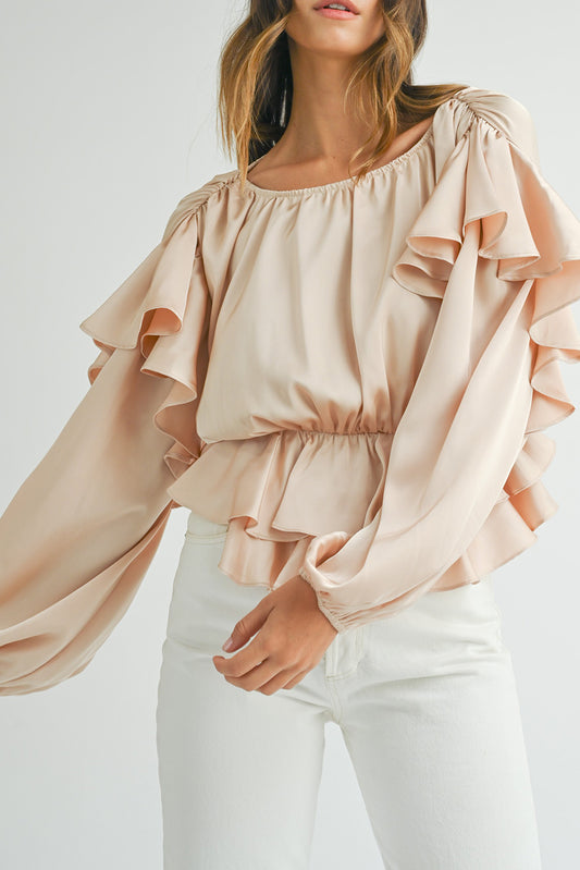 Oatmeal Elegant Satin Ruffle Long Sleeve Blouse