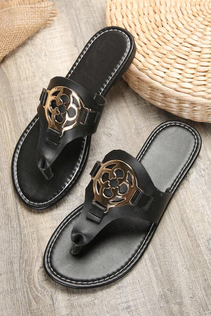 Black Vintage Metal Decor Leather Thong Slippers