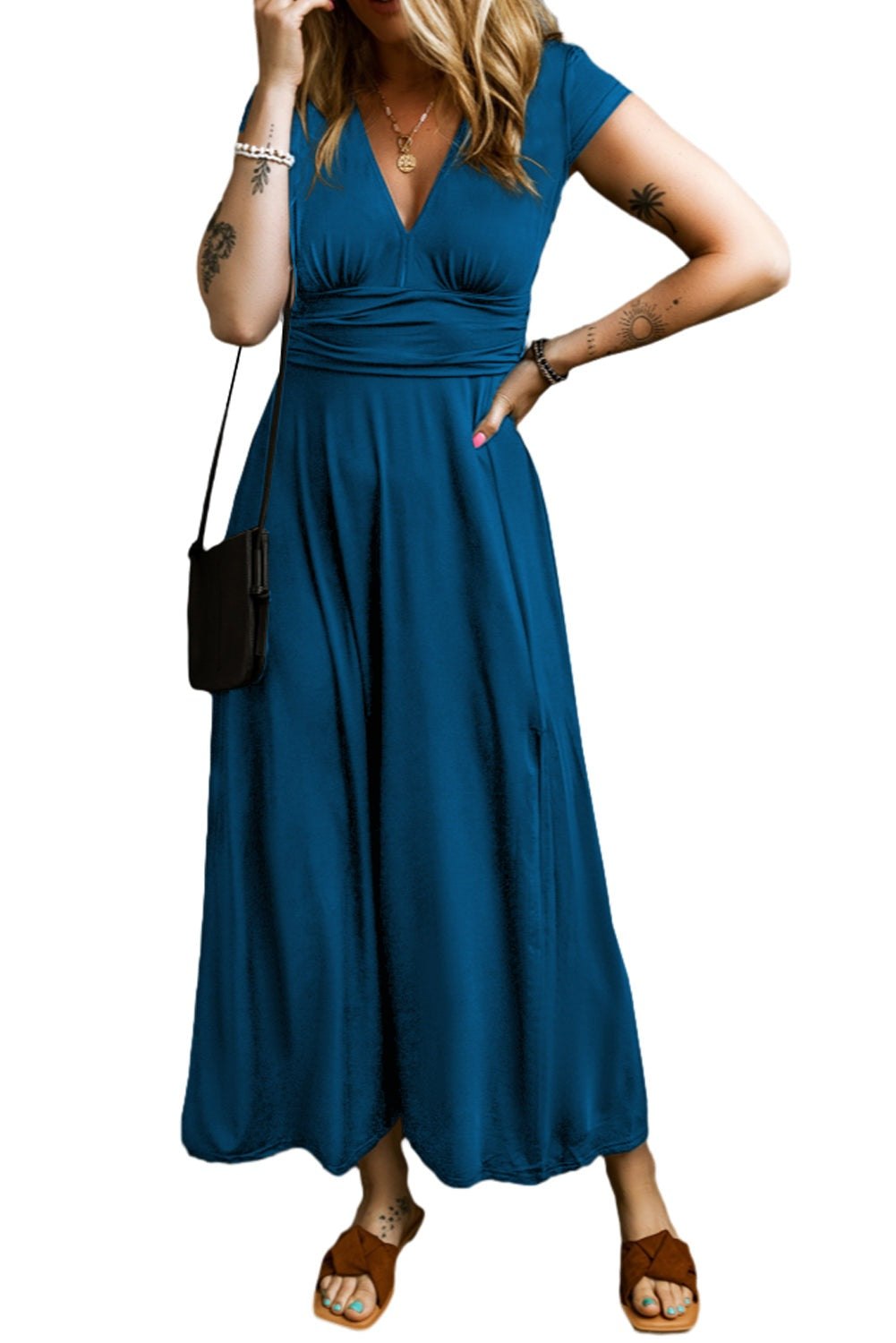 Neck Ruched High Waist Maxi Dress