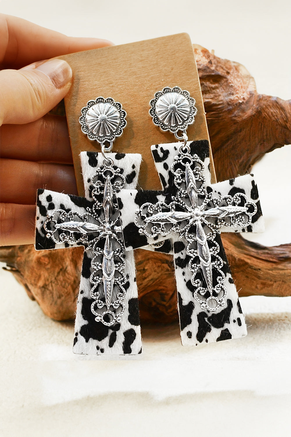 Silvery Spots Faith Cross Vintage Dangle Earrings