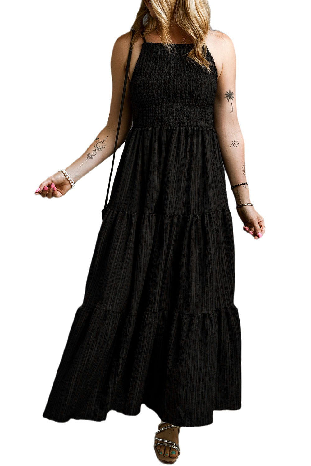 Black Smocked Pleated Sleeveless Flared Maxi Dress
