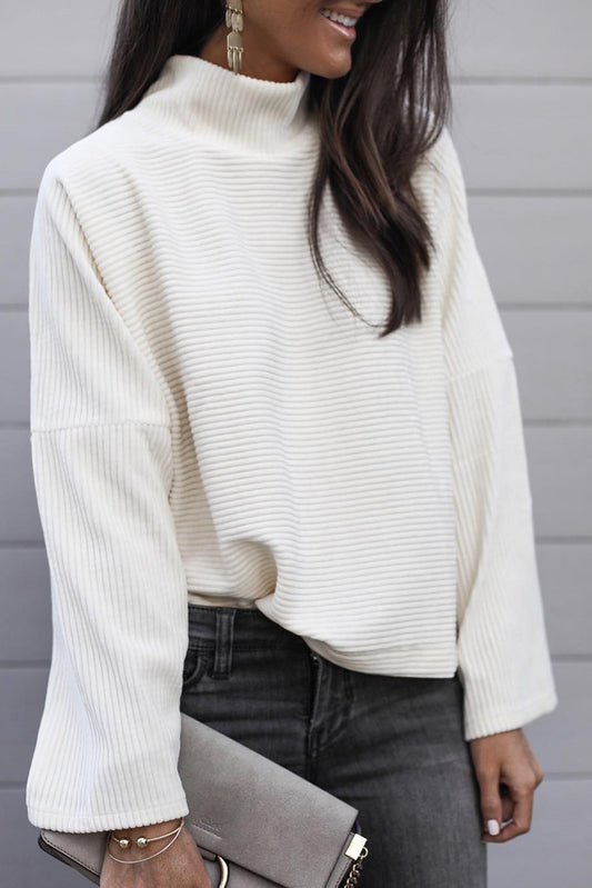 White Plain Mock Neck Drop Shoulder Ribbed Top